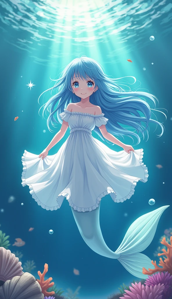Anime illustration、high quality、masterpiece、girl、Long hair light blue、Thin like silk thread、髪飾りはshell付け流、Eyes Blue、Your eyes sparkle with white stars、The outfit is a white organza dress.、Ruffled、Small breasts、Fingers and toes precisely、The body is not transparent、13 years old、Swimming in the sea、No shoes on、The Little Mermaid、No fish tail、The background is in the sea、Kelp、shell、Small fish、coral、A lot of water bubbles、Picture by a picture book author、Paintings by people who have won many art awards