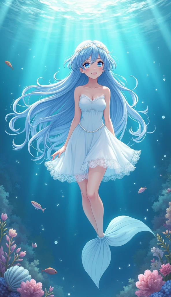 Anime illustration、high quality、masterpiece、girl、Long hair light blue、Thin like silk thread、髪飾りはshell付け流、Eyes Blue、Your eyes sparkle with white stars、The outfit is a white organza dress.、Ruffled、Small breasts、Fingers and toes precisely、The body is not transparent、13 years old、Swimming in the sea、No shoes on、The Little Mermaid、No fish tail、The background is in the sea、Kelp、shell、Small fish、coral、A lot of water bubbles、Picture by a picture book author、Paintings by people who have won many art awards