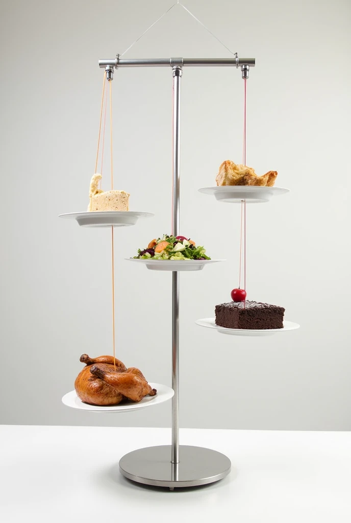 4 plates with food hanging by threads attached to a vertical tube with base and pulleys
