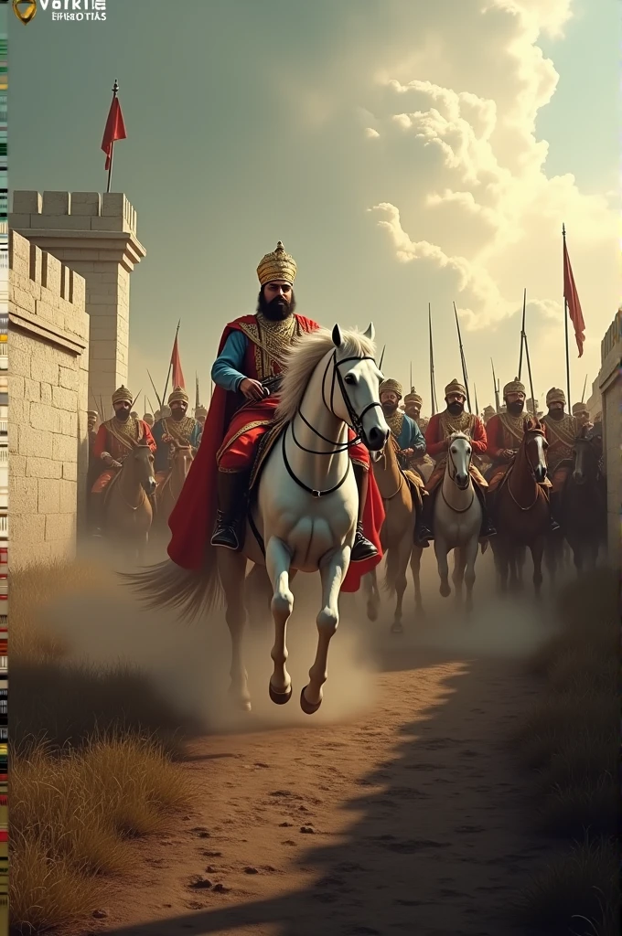 18th century Tipu Sultan in his white horse surrounded by Mysorian soldiers emerging from a dark arched low white wall in a 8k landscape photorealistic image
18th century Tipu Sultan in his white horse surrounded by Mysorian soldiers emerging from a dark arched low white wall in a 8k landscape photorealistic image