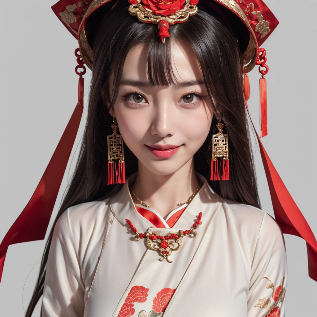 Masterpiece, (Masterpiece, Frontal, Looking at the Audience, Facing Directly, Top Quality, Best Quality, Chinese Hanfu, Gorgeous Headwear, Red, Red Costume, Paper Wedding Dress, Solo, Standing, Full Body, Beads, Veil, Hold, Jewelry, Looking at the Audience, Necklace, Candle, 1 Girl, Indoor, Hooded, Long Sleeve, Blood, Broken Flowers, Smile, Dark, (Red Chinese Clothing), Skirt, Horror (Theme), Black Hair, Facing the Audience, Simple Background, Solid Color Background)