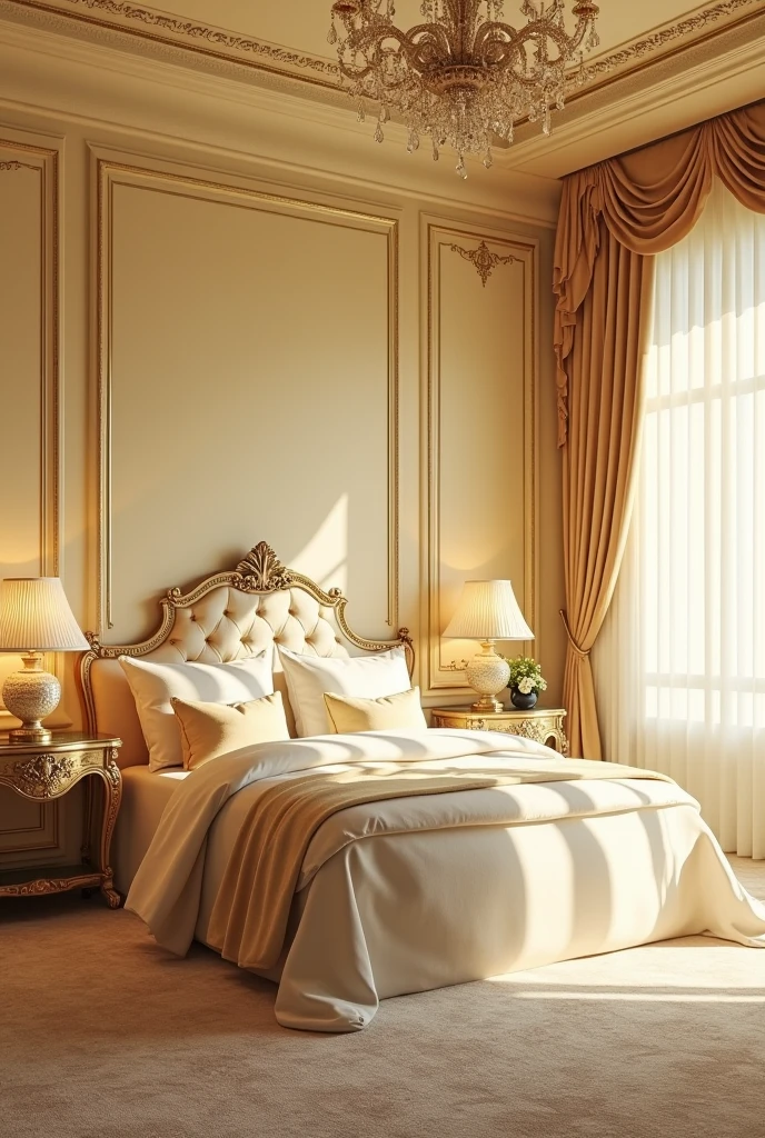 A bedroom with light yellow color palettes , a sophisticated room well designed and decorated in the right way , like a very large princess
