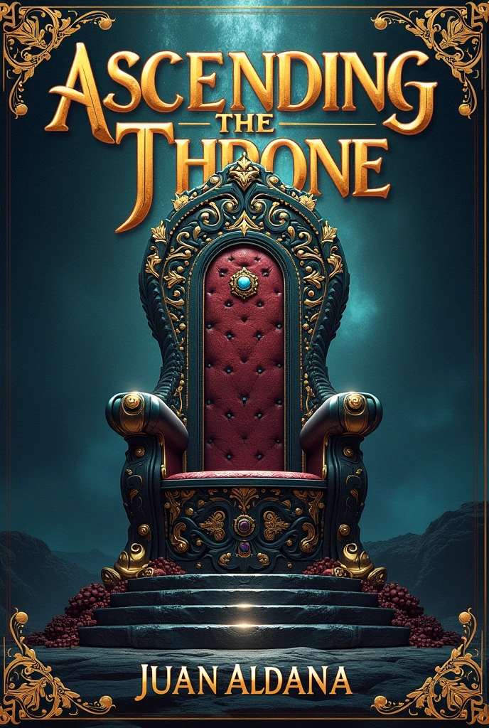 The cover of a book.
At the top center you will find the title of the book that will be: Ascending the Throne. Written in golden letters in Spanish.
In the center of the cover a Throne made of volcanic rock and precious stones.
Below the cover in the center will be the title of the author who is: Juan Aldana. Written with the same golden letters in Spanish.