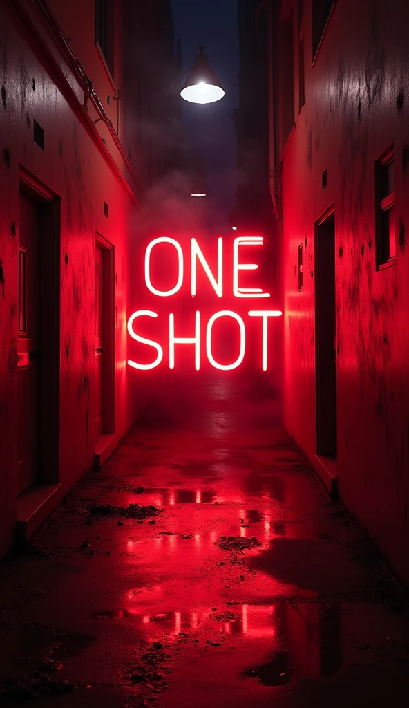 	Background for Lyric Video:
	• Scenario: An urban alley at night, with neon lights flashing red and a light steam rising from the ground. Bullet marks and scratches are visible on the walls, while the reflections of the lights create a tension effect.
	• Subtle Movement: Flashing light effects, as if they were gunshots or explosions of sparks, adding a sense of urgency and danger to the background.
	• Space for Letters: The center of the image should be darker, with scattered bullet marks, allowing the letters to appear clearly, but integrated into the aggressive and tense environment.

This prompt should capture the intensity and aggression you’re going for in the cover and background of the lyric video for “One Shot.”.