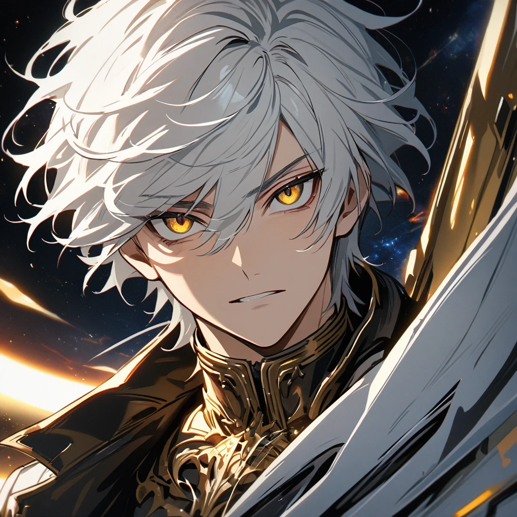 High quality, HD, 4k, no shadows, handsome male, 1male, 17 years old, teenager, short white hair, silver hair, white hair, sharp eyes, deep gold colored eyes, dark golden colored eyes, deep gold eyes, gold eyes, devil may cry, close up, calm expression, stoic expression, black leather clothes, white leather clothing, lean body, well trained body, upper body, looking at viewer, cowboy shot, white solar, space background