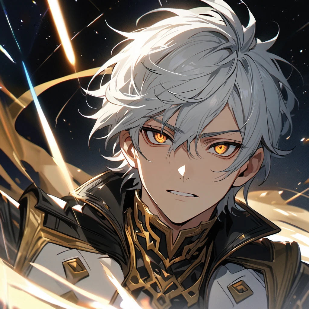 High quality, HD, 4k, no shadows, handsome male, 1male, , teenager, shwhite hair, silver hair, white hair, sharp eyes, deep gold colored eyes, dark golden colored eyes, deep gold eyes, gold eyes, devil may cry, close up, calm expression, stoic expression, black leather clothes, white leather clothing, lean body, well trained body, upper body, looking at viewer, cowboy shot, white solar, space background