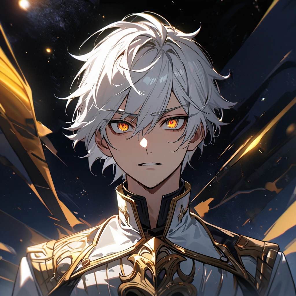High quality, HD, 4k, no shadows, handsome male, 1male, 17 years old, teenager, short white hair, silver hair, white hair, sharp eyes, deep gold colored eyes, dark golden colored eyes, deep gold eyes, gold eyes, devil may cry, close up, calm expression, stoic expression, black leather clothes, white leather clothing, lean body, well trained body, upper body, looking at viewer, cowboy shot, white solar, space background