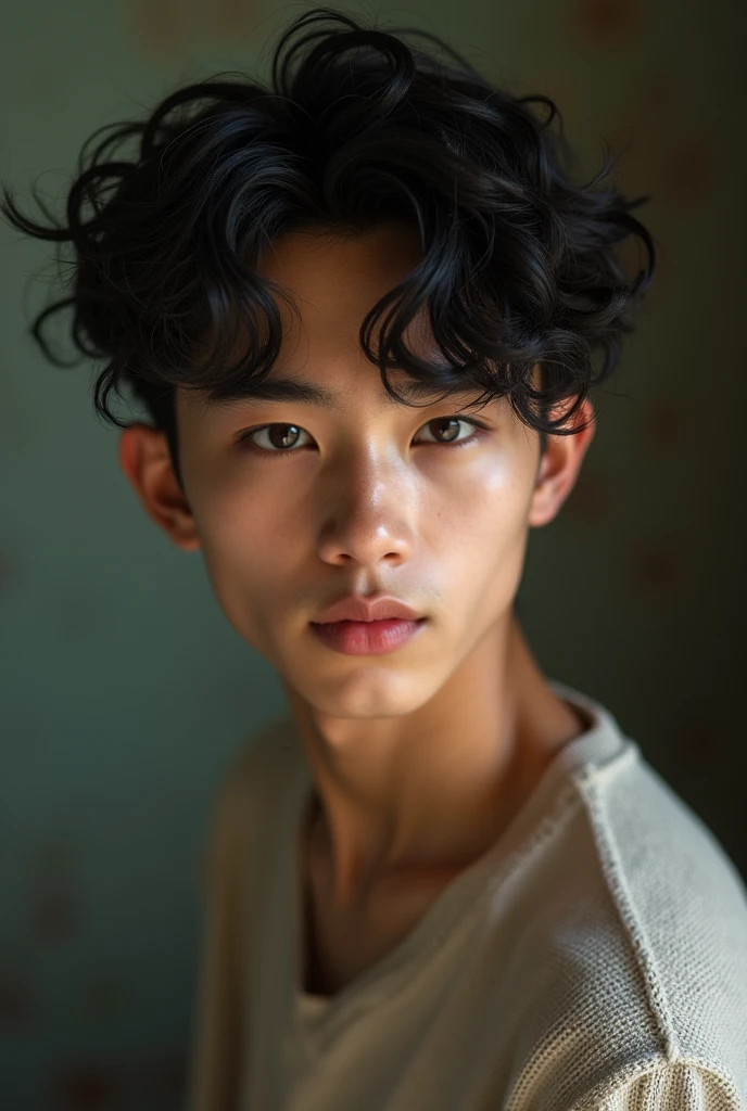 Boy 1.70 tall, moreno, slanted eyes, thick eyebrows and lips, curled eyelashes, a bit vintage style, curly hair type 3c.
