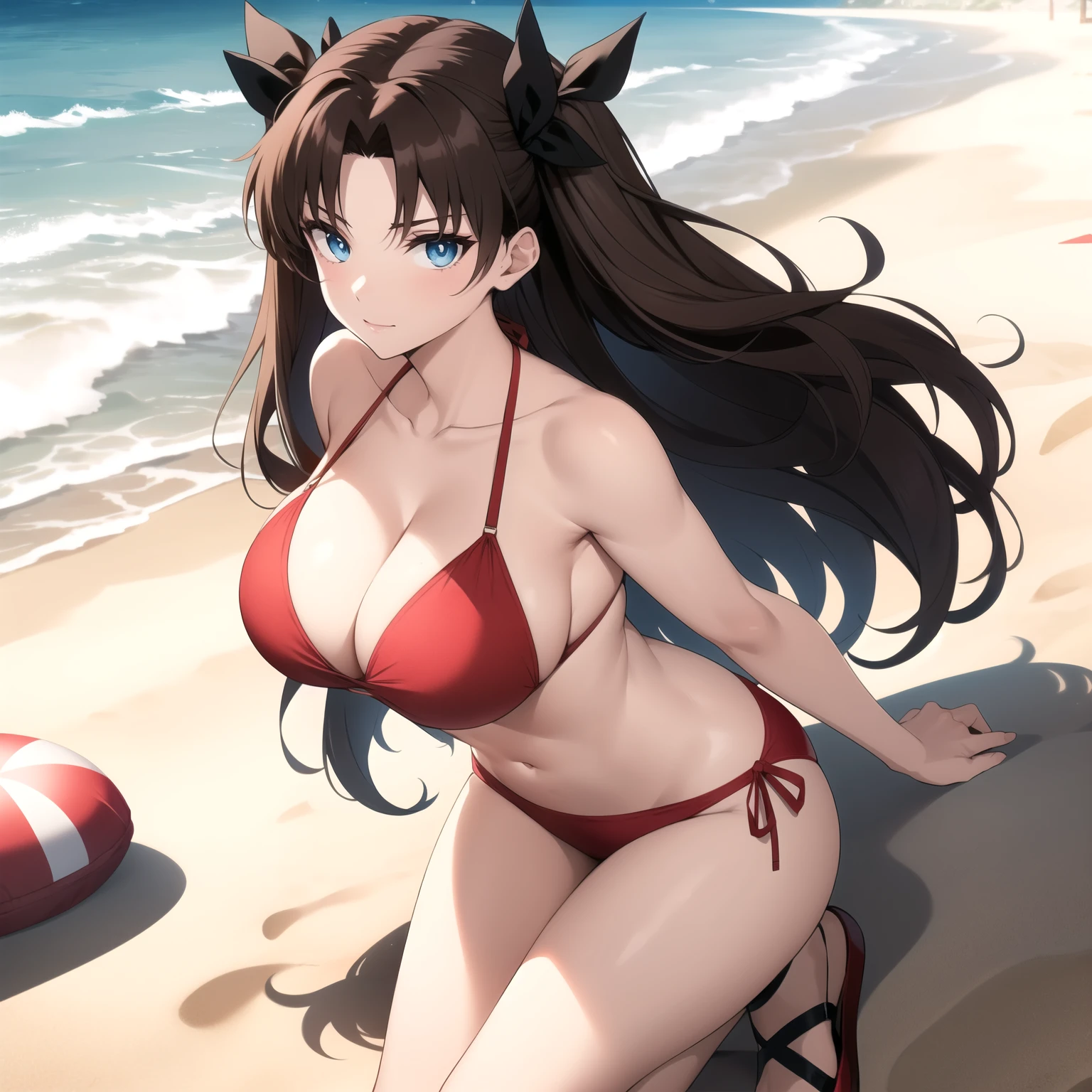 rin tohsaka, woman 26 years old, blue eyes, Brown hair, Collections, , big chest, red bikini , background a lonely beach, 1 single woman , she&#39;s alone. sonrisa.