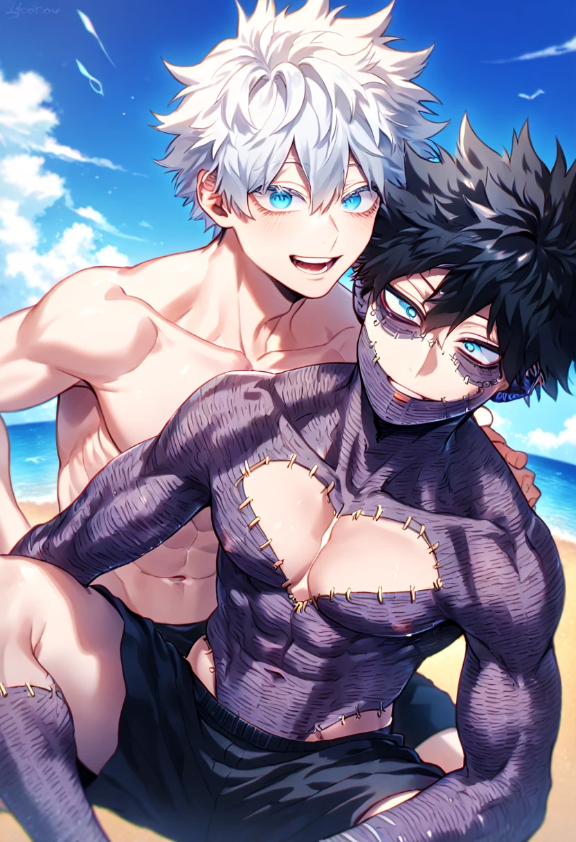 absurdres, highres, ultra detailed, HDR, master piece, best quality, detailed eyes, extremely detailed, delicated features, Dabi, black hair, expressive turquoise eyes, Boku No Hero Academia, Gojou Satoru, white hair, expressive blue eyes, white eyelashes, two sexy men together, yaoi, gay couple, handsome, manly man, bare chest, black shorts, summer, sea, beach, blue sky