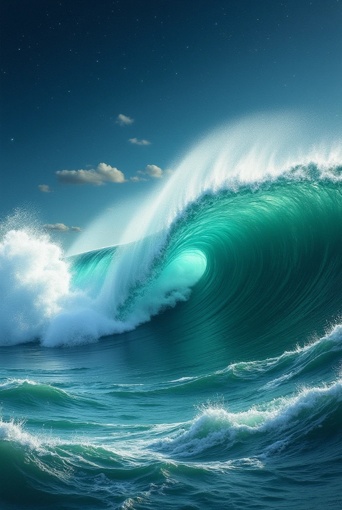 A painting of soft wave crushing into the ocean, green sea, starry night, clouds. Hyper-Realistic, very detailed, ultra-sharp