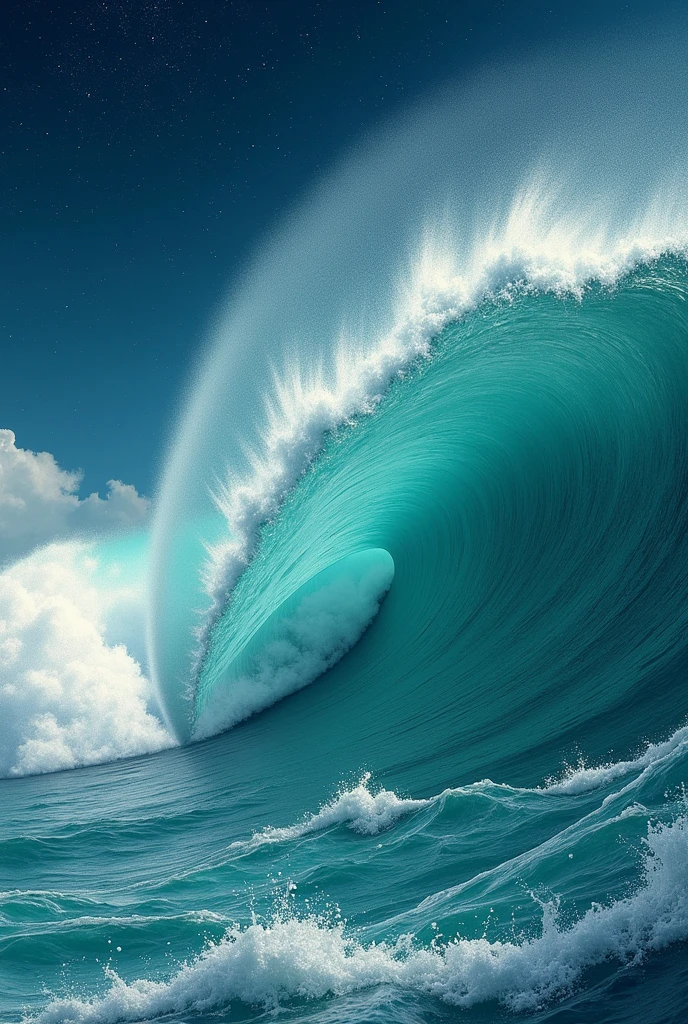 A painting of soft wave crushing into the ocean, green sea, starry night, clouds. Hyper-Realistic, very detailed, ultra-sharp