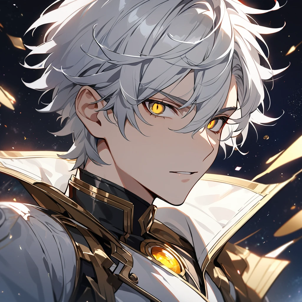 High quality, HD, 4k, no shadows, handsome male, 1male, s old, teenager, short white hair, silver hair, white hair, sharp eyes, deep gold colored eyes, dark golden colored eyes, deep gold eyes, gold eyes, devil may cry, close up, calm expression, stoic expression, black leather clothes, white leather clothing, lean body, well trained body, upper body, looking at viewer, cowboy shot, white solar, space background