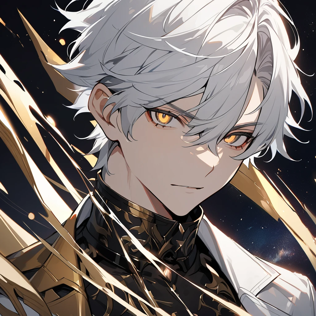 High quality, HD, 4k, no shadows, handsome male, 1male, 17 years old, teenager, short white hair, silver hair, white hair, sharp eyes, deep gold colored eyes, dark golden colored eyes, deep gold eyes, gold eyes, devil may cry, close up, calm expression, stoic expression, black leather clothes, white leather clothing, lean body, well trained body, upper body, looking at viewer, cowboy shot, white solar, space background