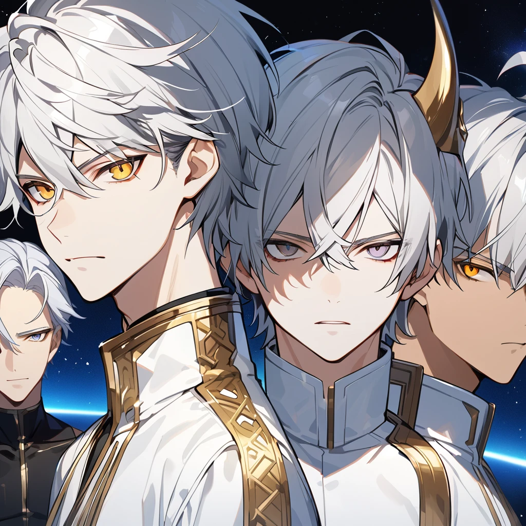 High quality, HD, 4k, no shadows, handsome male, 1male, 17 years old, teenager, short white hair, silver hair, white hair, sharp eyes, deep gold colored eyes, dark golden colored eyes, deep gold eyes, gold eyes, devil may cry, close up, calm expression, stoic expression, black leather clothes, white leather clothing, lean body, well trained body, upper body, looking at viewer, cowboy shot, white solar, space background