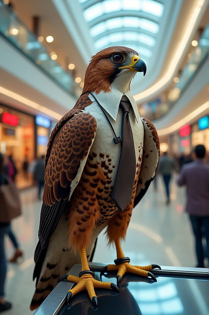 Create a realistic image of a falcon selling internet Win in a shopping mall
