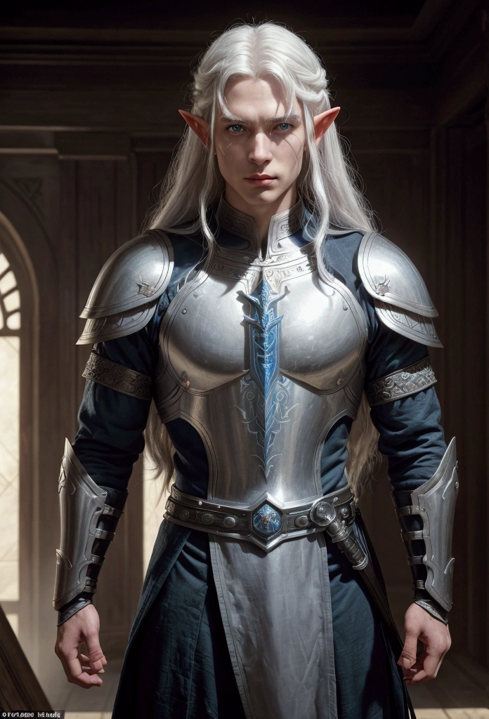 Male elf, with long white hair and blue eyes. He's a warrior, black armor and two swords on his back. Surrounded by wolves | by Edmund Blair Leighton, Brom, Charlie Bowater, faces by Tom Bagshaw, Sargent, Award - winning, photograph shot with Kodak Portra 800, a Hasselblad 500C, 55mm f/ 1. 8 lens, extreme depth of field, available light, high contrast, Ultra HD, HDR, DTM, 8K