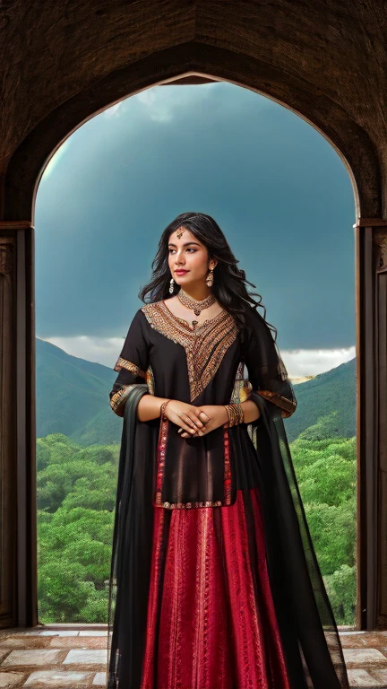 Visualize Razia Sultana, a determined and fierce woman, standing at the gates of a grand fortress. A stormy sky above her mirrors the turmoil in her life as she faces challenges and obstacles on her path to rule the Islamic empire in India. Lightning flashes, emphasizing the turbulent nature of her ascent.