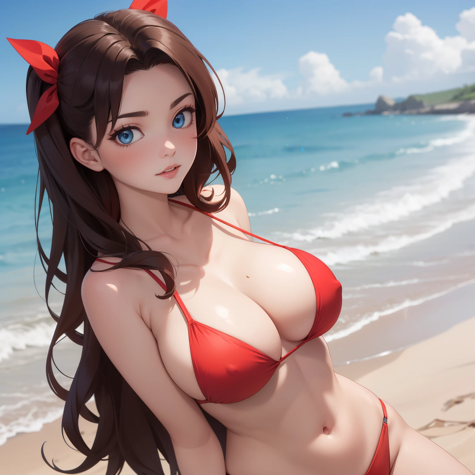rin tohsaka, woman 26 years old, blue eyes, Brown hair, Collections, , big chest, red bikini , background a lonely beach, 1 single woman , she's alone. sonrisa.
