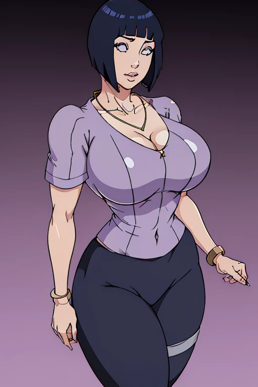 1girl, thick thighs, luxury model, putting on jewelry, Curvy figure, sculpted calves, chic ensemble, stylish high class aesthetic, wide hips, contemporary professional makeup, eyeshadow, eyeliner, expensive heels, tight, (Tight purple shirt with cleavage and open navel), short skeeve,gradient hair, dark blue hair, short pixie Bob hair, hyuuga_hinata inoue orihime, tight blue yoga pants,  photoshoot,  (masterpiece, best quality, high quality, high detail, detailed face, detailed eyes, detailed body),(Buzz cut bowl cut hair),Gloosy lips,(Gold chain necklace),classy drop earring,plump,ear visible,Buzz cut hair,Golden Bracelet,Buzz cut hair