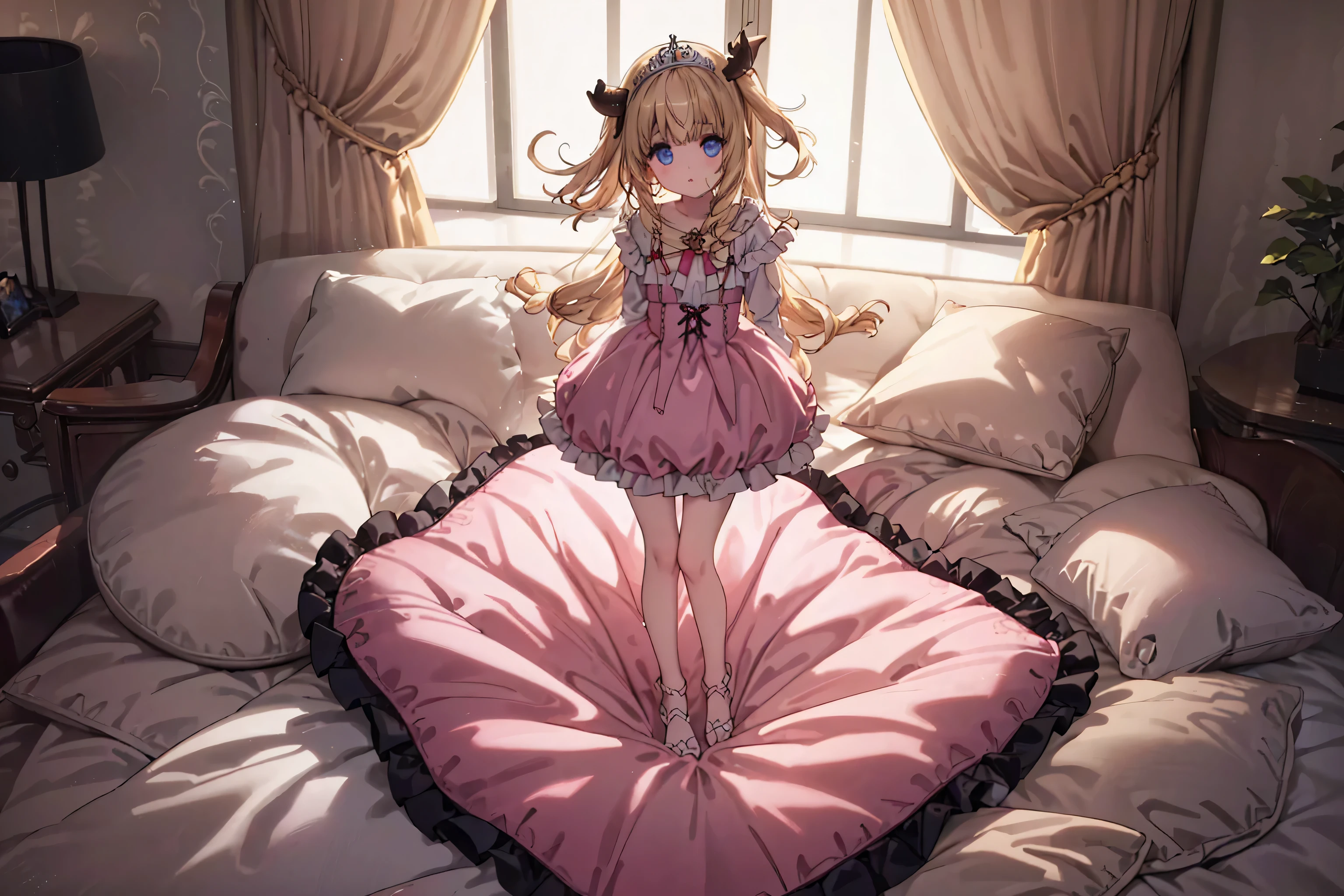 （best quality， masterpiece），full body, 1 girl, solo, mine ,nsfw, details, (Light and shadow oxtail , Cute girl posing on pillow ，standing on pillow, frilled pillow, lace pillow, large pillow，（pillow), LatifaFleuranza, blonde hair, blue eyes, very long hair, tiara, LatifaPajama, pajamas