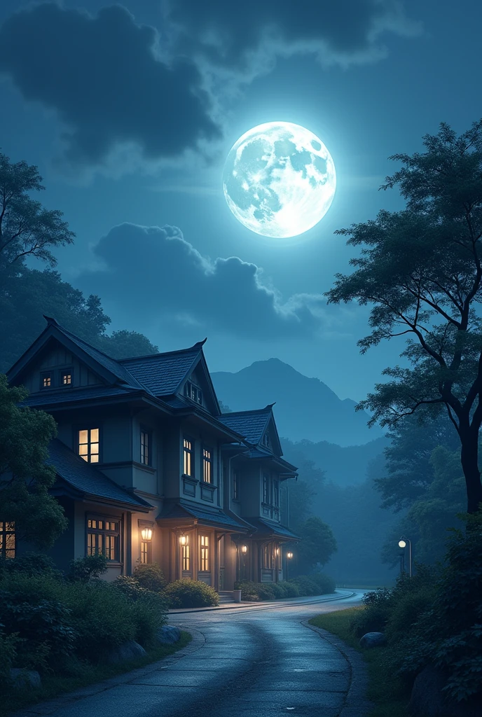 Full moon illuminates a school at dusk