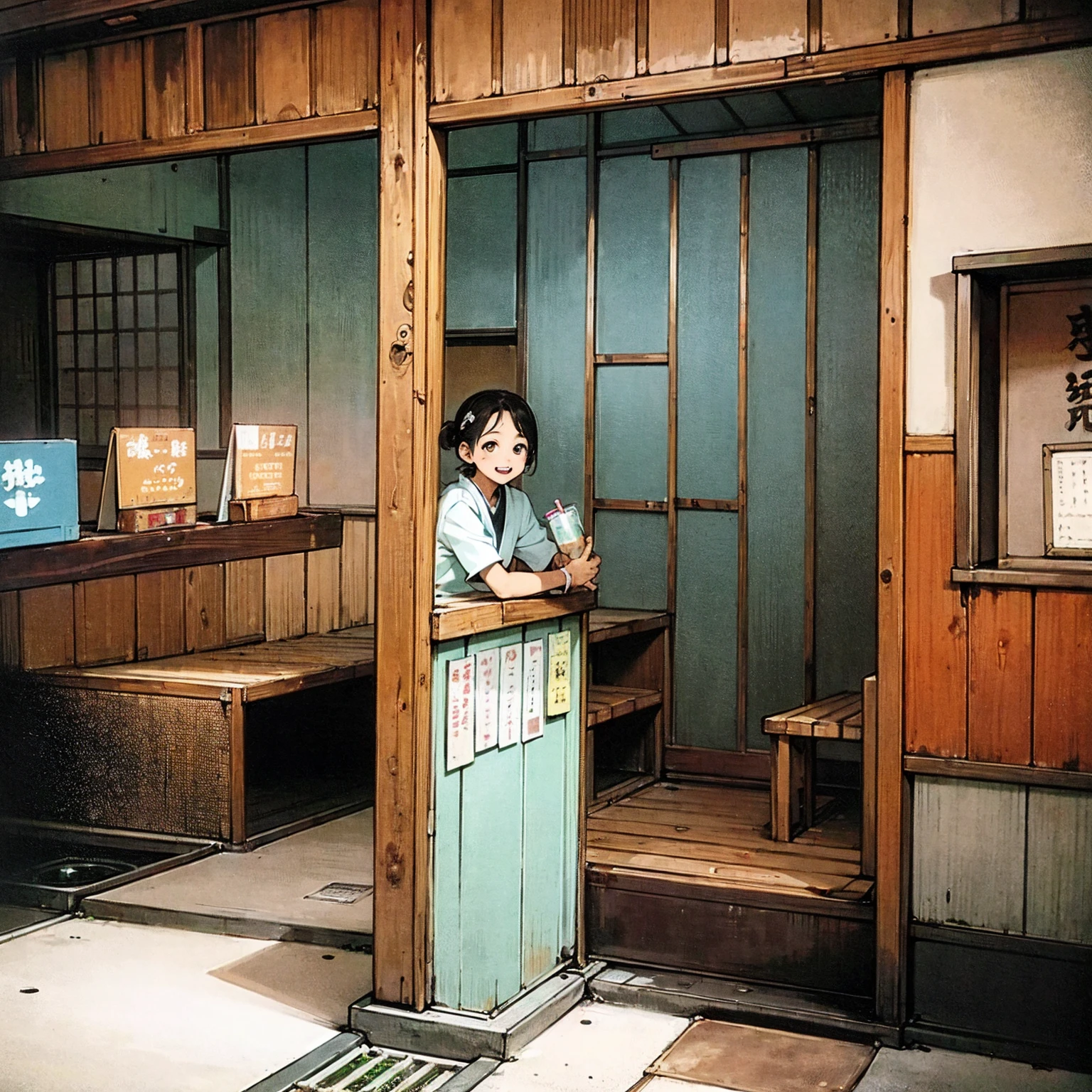 
((masterpiece、Highest quality))、Poor conditions、Japan 1980s、Dirty and old public bath、Old-fashioned drink display case, 、Naked mother and daughter、Rusted corrugated iron, Unhygienic restaurant
