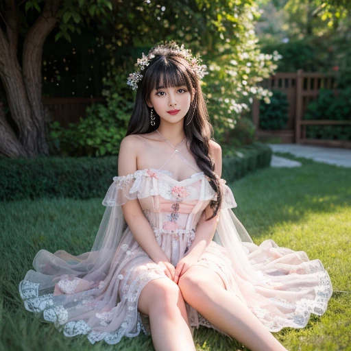 best quality, Delicate face，beautiful visual work, lifelike, eternity, black hair, Long curly hair, blunt bangs, Smile, Detailed Background, Delicate face，blush，cold，((masterpiece))、(top quality)、8k、high detail、Super detailed，31-year-old female，****ta dress, layered dress, Lots of bows on the dress,Pink dress,masterpiece、born、Scenes resembling fairy tale illustrations、intricate details和複雜的設計、Beautifully、magic、capricious、 Beautifully、Dream aesthetics、「𝓡𝓸𝓶𝓪𝓷𝓽𝓲𝓬、ethereal、charming、fickle、magic」、realism、Visual effects、FXAA、SSAO、Shader、voiceless、ambient lighting、Tone mapping、High resolution、Ultra high quality、Million pixels、(8K resolution:1.10)、8k、8k以下、8K resolution、high detail、intricate details， (high quality:1.2、masterpiece:1.2、:1.21)、(31-year-old female:1.21)、(興奮地Smile)、(Surrounded by a dreamy atmosphere、Model diagram，full-body shot，Normal 2 feet，Put your hands behind you，The protrusion of the breast is visible when wearing clothes, Large Breasts, H cup chest, in the garden