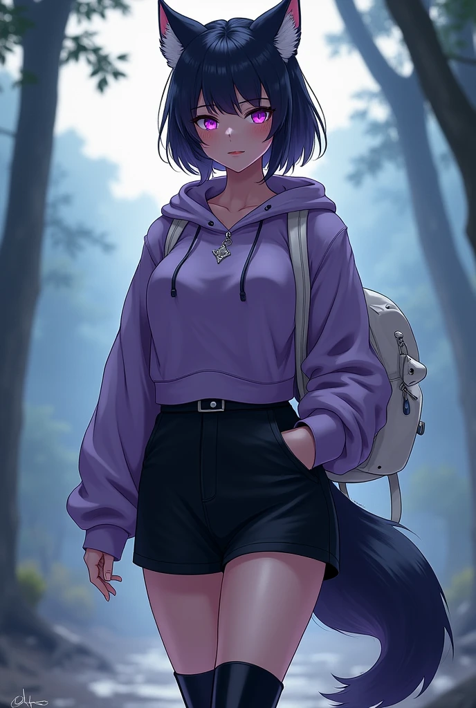 She has a voluptuous and curvy body, with a presence that draws attention. His eyes are particularly striking, with heterochromia that gives it a mysterious touch: One is a deep lilac, while the other is a deep blue. Her short, silky hair reaches her shoulders., framing your face with grace. The wolf ears he has give him a wild and enigmatic air., and a long, soft wolf tail extending behind her, completing his semi-beast appearance.
She wears a black jumpsuit that covers her body from head to toe., but stands out with a short lilac sweatshirt with white details that adds a touch of color and personality. A black skirt completes her outfit, and her long black knee-high boots give her an air of adventure.. He carries a white backpack in the shape of a cat, who seems to be his faithful traveling companion."