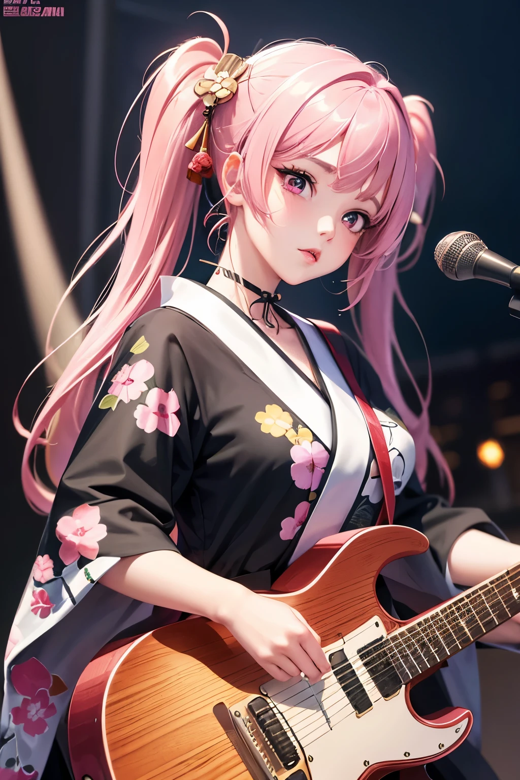 masterpiece, best quality, very detailed, high resolution, expensive resolution, high resolution, 4K, 8k, Unity 8k wallpaper, highly detailed CG, masterpiece, 2D, 3D, beautiful details, depth, fine texture, best quality: 1.3, perfect focus, crispy skin, he,
Very cute anime girl, girl playing guitar vocals in a band wearing a Japanese fancy floral haori hakama, on outdoor stage, full body, expensive pink twin tail hair, mole under eye, looking at the viewer, expensive, blush, mole, lips open, , heart choker, pink eyes, guitar vocals, stage