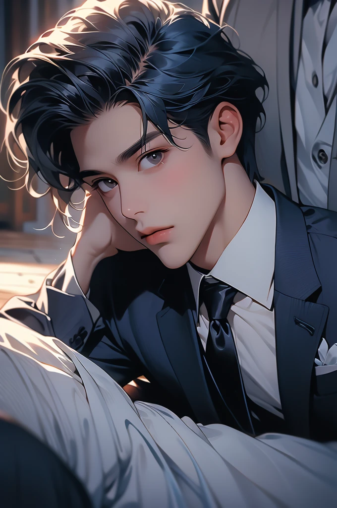 a young man lies on the floor with his hand on his neck, 1boy, male focus, solo, necktie, blue necktie, black hair, formal, suit, shirt, looking at viewer