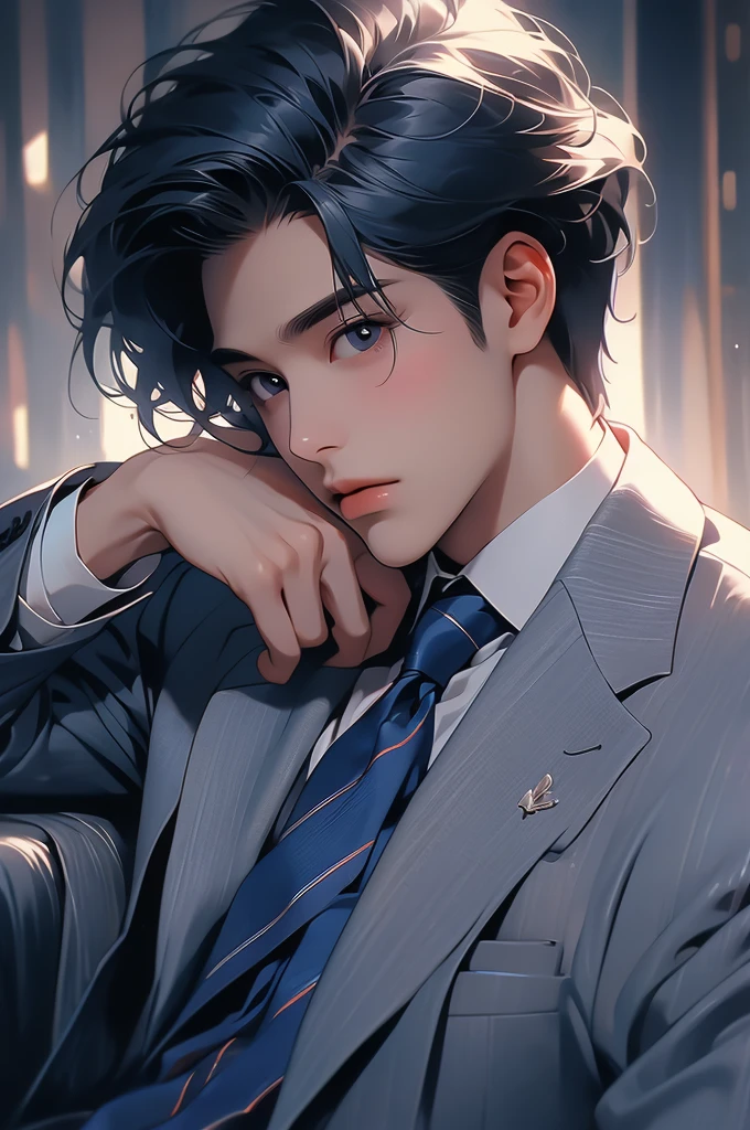 a young man lies on the floor with his hand on his neck, 1boy, male focus, solo, necktie, blue necktie, black hair, formal, suit, shirt, looking at viewer