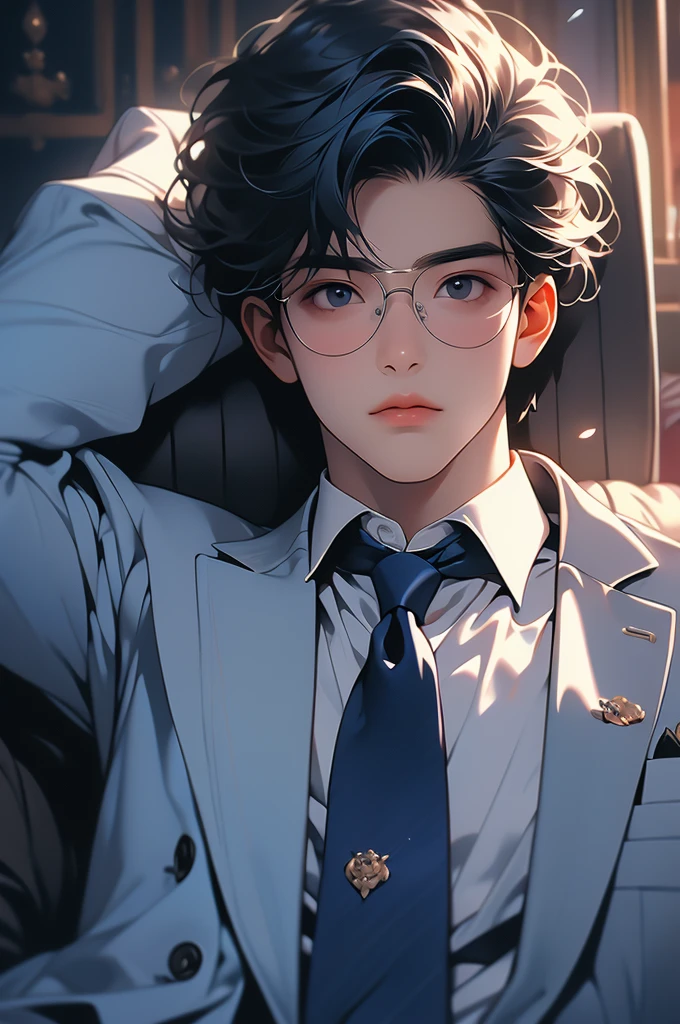 a young man lies on the floor with his hand on his neck, 1boy, male focus, solo, necktie, blue necktie, black hair, formal, suit, shirt, looking at viewer