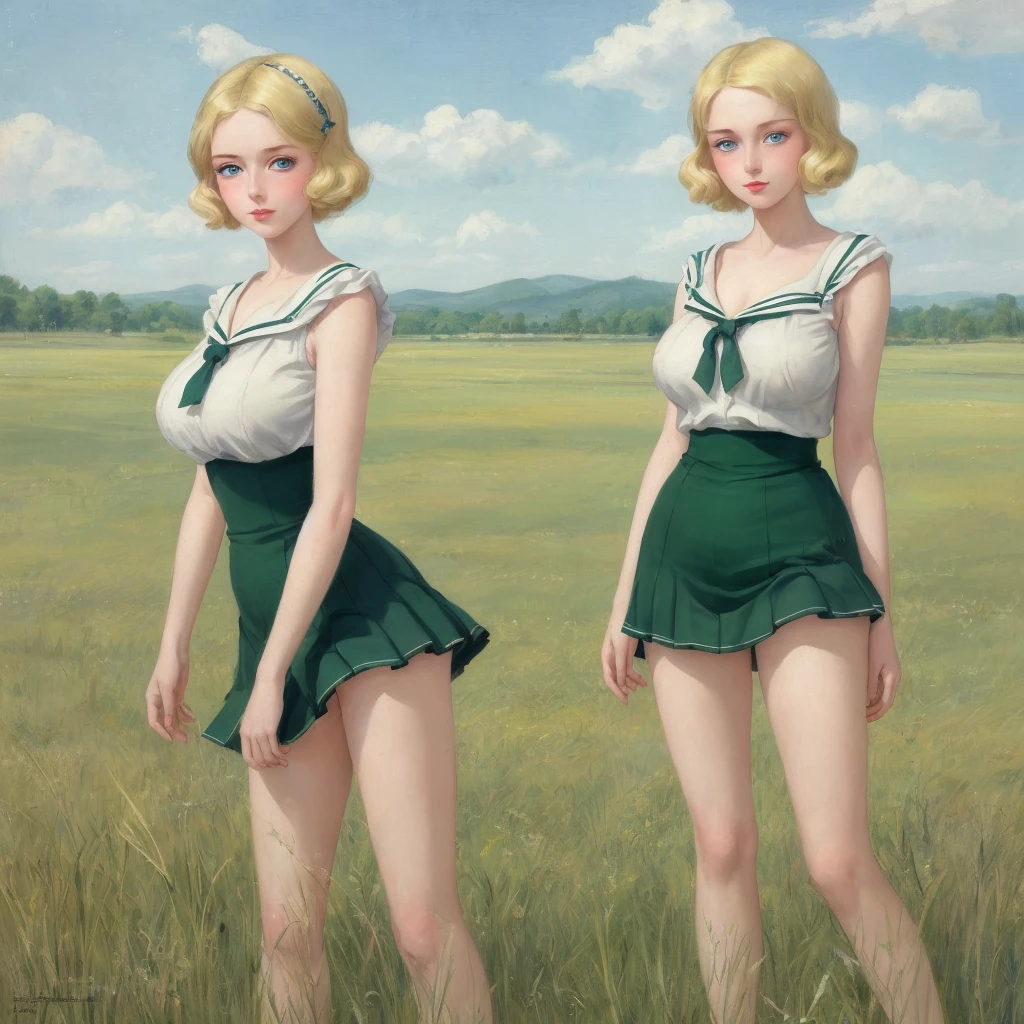 Many girls,group blonde, Green eyes, 1930s European style, high quality, full-body shot, 17 years old, Big breasts, long legs beauty legs, Sailor Suit, Short top and short skirt lying on the grassland, blue sky , delicate eyes, Delicate lips, Extremely detailed face, long eyelashes, elegant, beautiful, beauty, charming, Exquisite, Realism, 8k, best quality, masterpiece, Endless grassland，shy look 