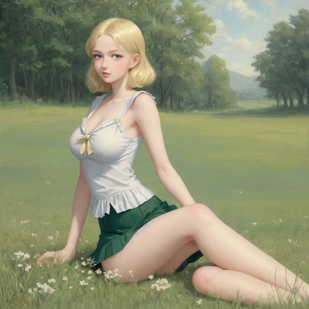 Many girls,group blonde, Green eyes, 1930s European style, high quality, full-body shot, , Big breasts, 長腿  beauty的腿, Sailor Suit, Short top and short skirt lying on the grassland, blue sky , delicate eyes, Delicate lips, Extremely detailed face, long eyelashes, Elegant, beautiful, beauty, charming, Exquisite, Realism, 8k, best quality, masterpiece, Endless grassland，shy look 