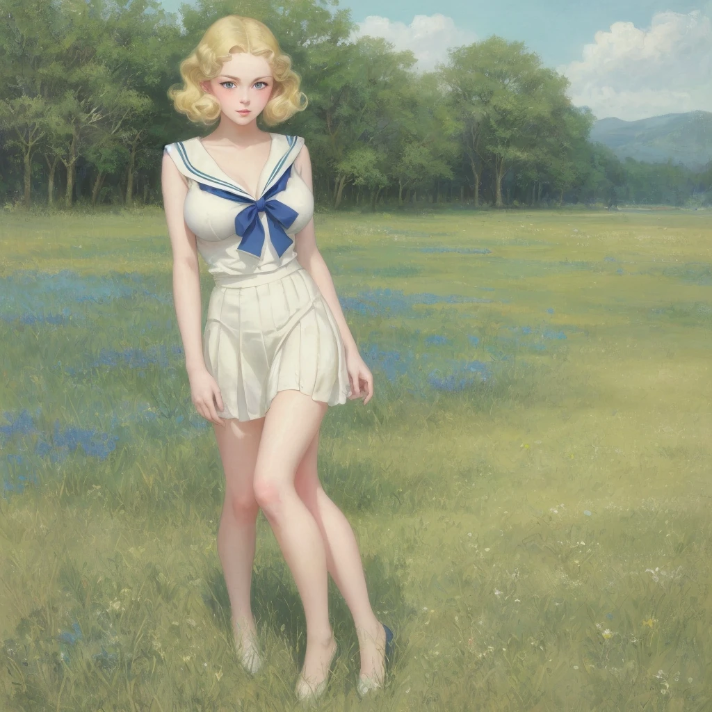Many girls,group blonde, Green eyes, 1930s European style, high quality, full-body shot, , Big breasts, beauty的腿, Sailor Suit, Short top and short skirt lying on the grassland, blue sky , delicate eyes, Delicate lips, Extremely detailed face, long eyelashes, Elegant, beautiful, beauty, charming, Exquisite, Realism, 8k, best quality, masterpiece, Endless grassland,shy look