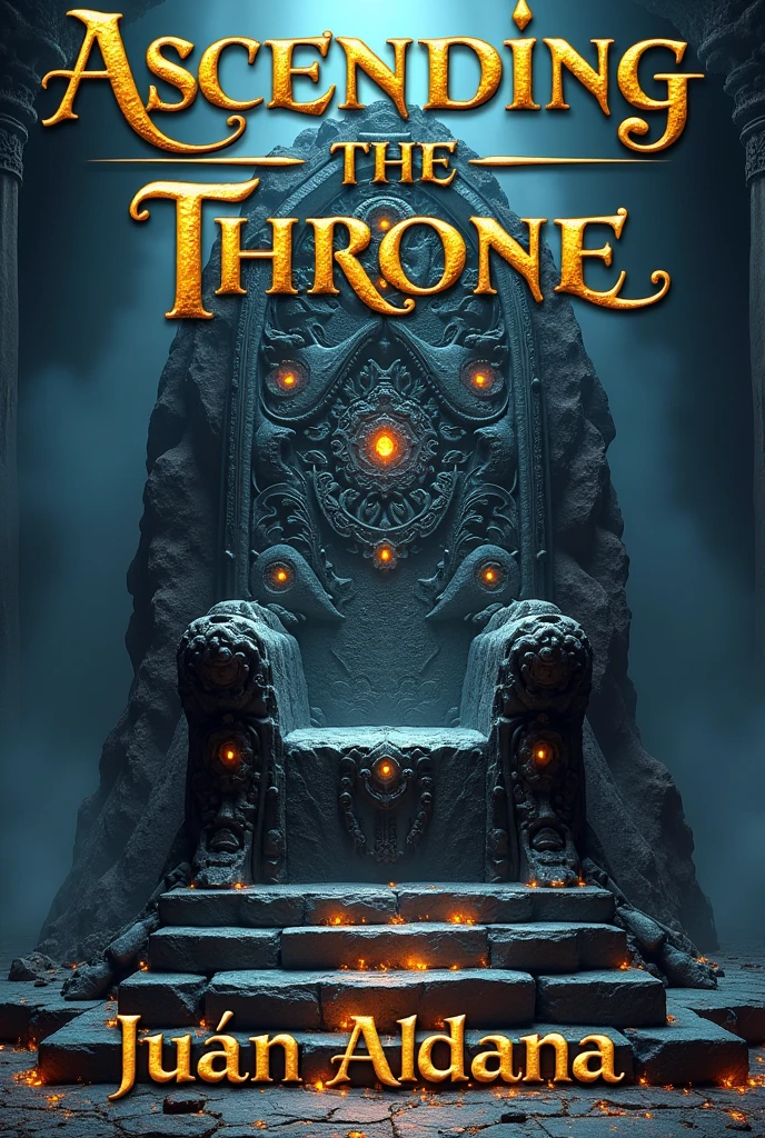 The cover of a book.
At the top center you will find the title of the book that will be: Ascending the Throne. Written in golden letters and in Latin Spanish.
In the center of the cover a Throne made of volcanic rock and precious stones.
Below the cover in the center will be the title of the author who is: Juan Aldana. Written with the same golden letters in Spanish.