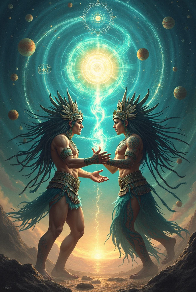 Two Mayan gods creating water and earth