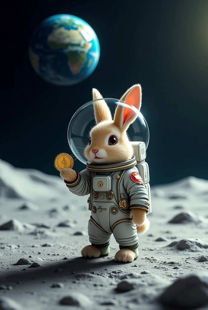Astronaut rabbit on the moon with coin in hand