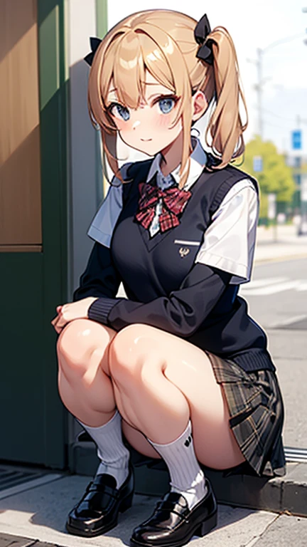 break, skirt, bow, , socks, Plaid, Knee-high, Plaid skirt, Sweater vest, summer uniform, Otonokizaka Academy_uniform,