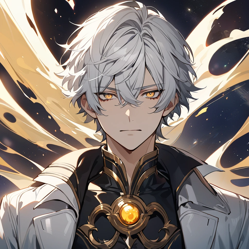 High quality, HD, 4k, no shadows, handsome male, 1male, 17 years old, teenager, short white hair, silver hair, white hair, sharp eyes, deep gold colored eyes, dark golden colored eyes, deep gold eyes, gold eyes, devil may cry, close up, calm expression, stoic expression, black leather clothes, white leather clothing, lean body, well trained body, upper body, looking at viewer, cowboy shot, white solar, space background