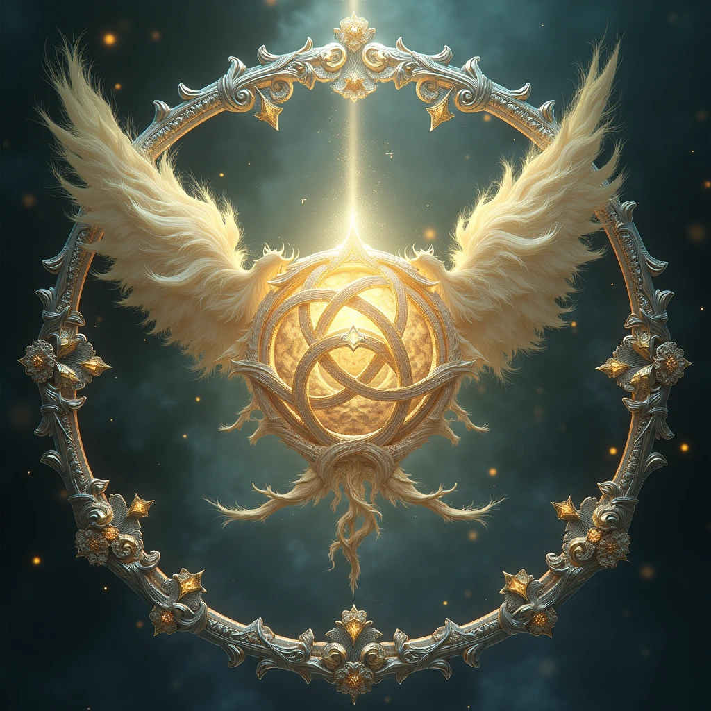 Generate an image that has a delicate design on the margins with light and small angels in gold and silver., an abstract background and in the center the Witch's Knot symbol.