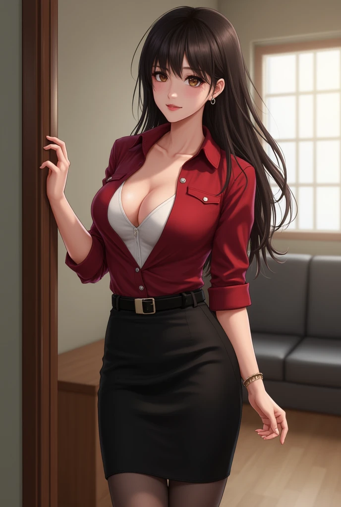 1girl, 34yo sofia takigawa_jav, breasts, eyelashes, looking at viewer, cowboy shot, standing, dynamite lighting, attractive body, wearing office attire, red blouse, white singlet, belt, black pencil skirt, sheer gray pantyhose, brown knee heel boots
(ulzzang-6500:0.0), (ultimate quality, masterpiece, highres:1.0), (photorealistic, realistic:1.9), nice hands,