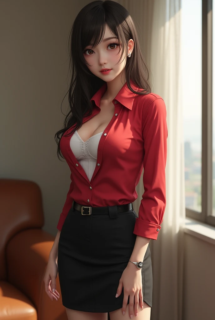 1girl, 34yo sofia takigawa_jav, breasts, eyelashes, looking at viewer, cowboy shot, standing, dynamite lighting, attractive body, wearing office attire, red blouse, white singlet, belt, black pencil skirt, sheer gray pantyhose, brown knee heel boots
(ulzzang-6500:0.0), (ultimate quality, masterpiece, highres:1.0), (photorealistic, realistic:1.9), nice hands,