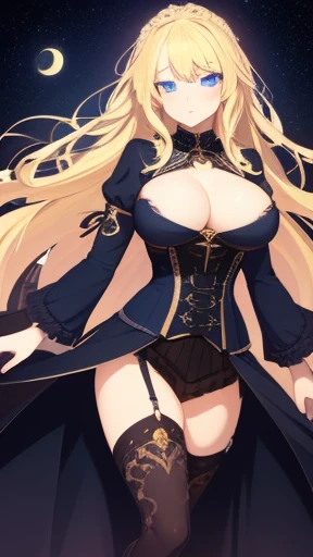 masterpiece, Highest quality, Highest quality, Official Art, beautifully、aesthetic:1.2), (1 girl), Very detailed,(Fractal Art:1.3),colorful,Most detailed,Blonde long hair,blue eyes,Moonlit Night,Rose,(Big Breasts:1.4),,Nipples,corset,Fine Jewelry,whole body