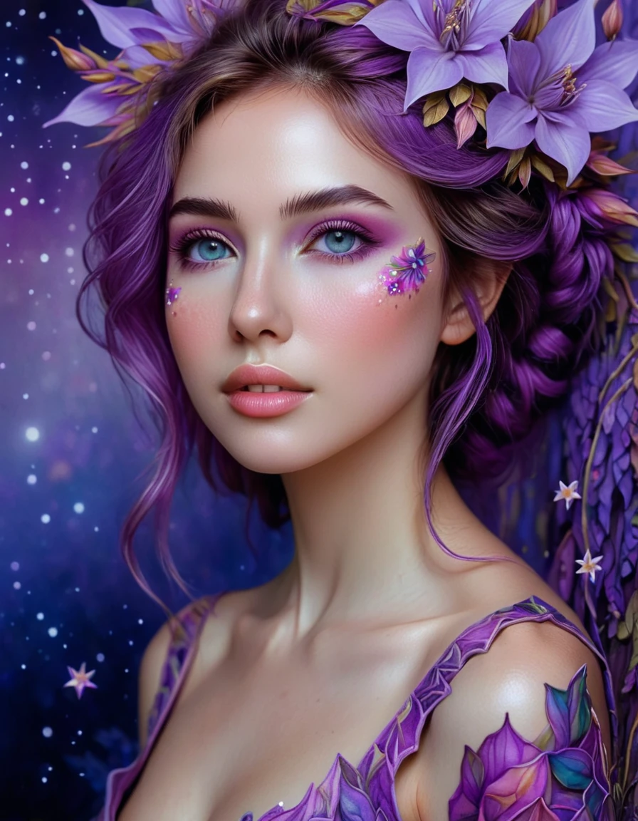 Watercolor Flowers , portraits, fantasy art, detailed features, vibrant colors, detailed features, long flowers, subtle magical lighting, three side view, 1 side potrait,2 side close, 3 side in the batlle, photo collage, soft purple, film grain, detailed pores and wrinkles on the skin film grain, detailed pores and wrinkles on the skin, detailed elf village in backfround, full of stars sky, zentangle