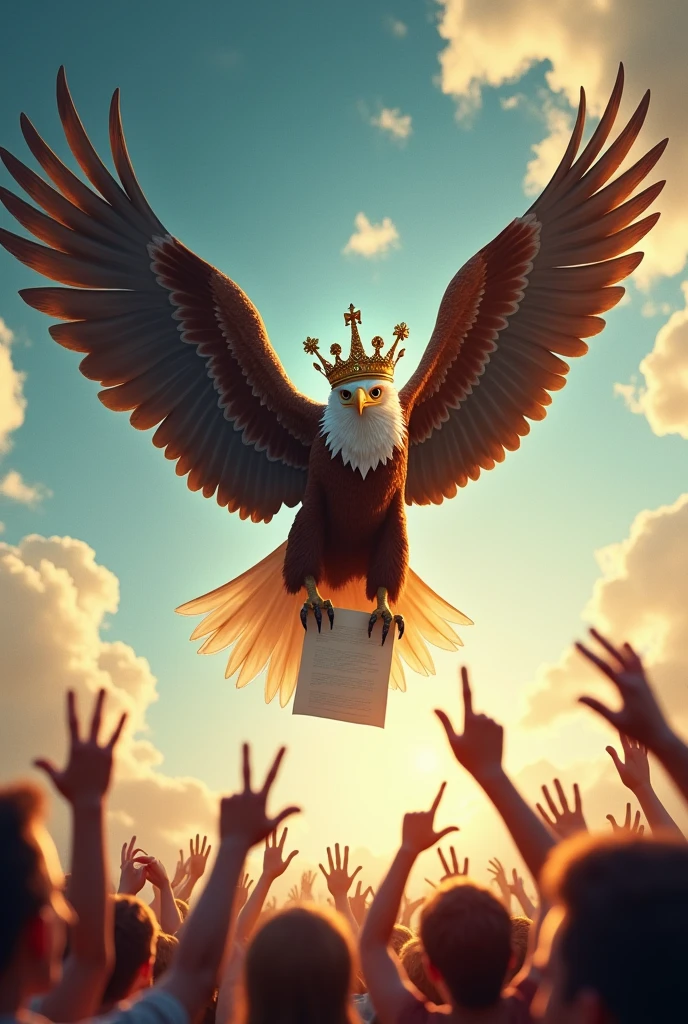 An eagle with a crown flying with a piece of paper in its beak and below there are people celebrating 
