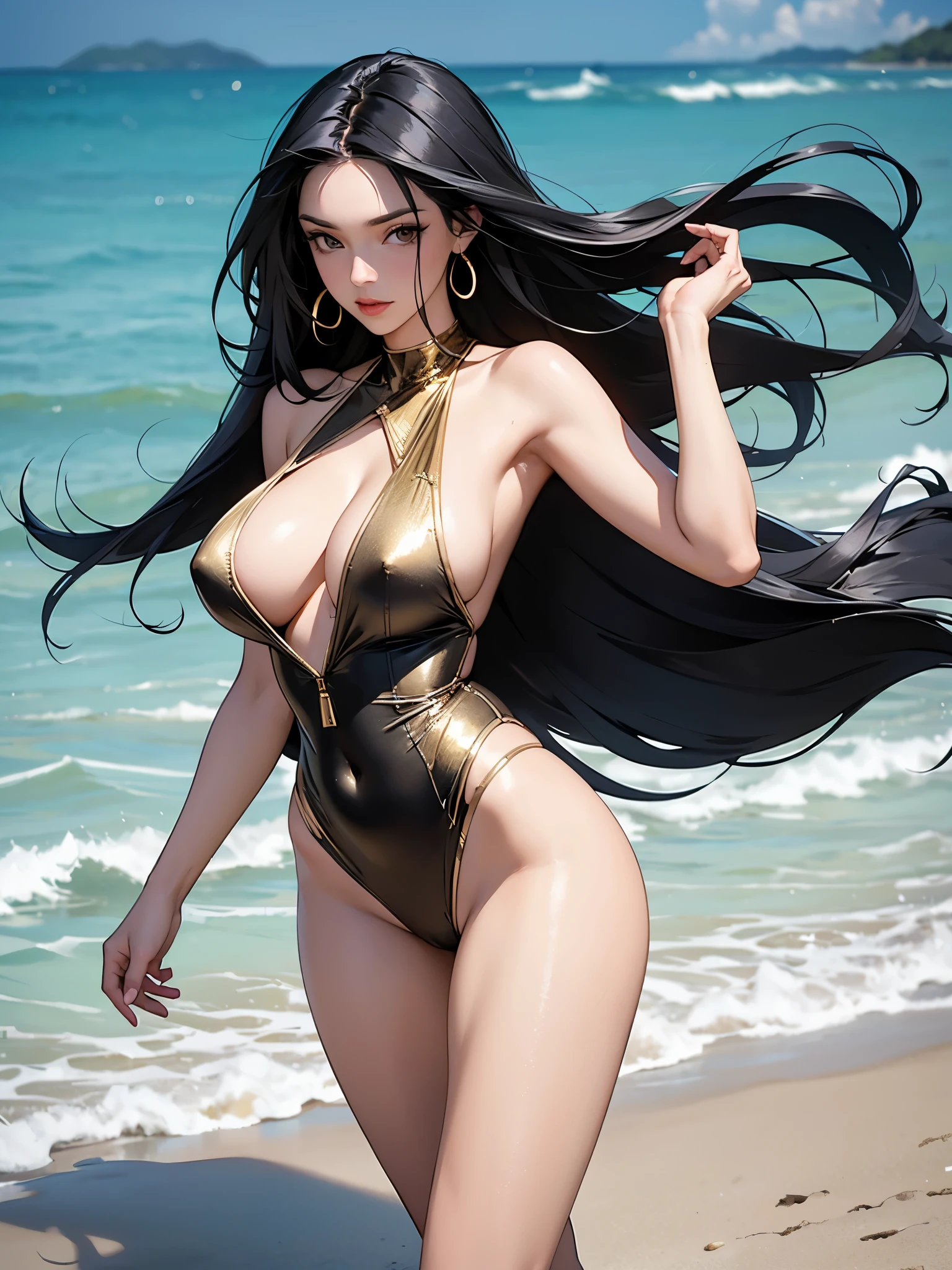 A confident Latina woman with long, sleek black hair flowing in the wind. She is dressed in a metallic gold one-piece swimsuit, striking a pose on the beach. huge boobs. she is walking
