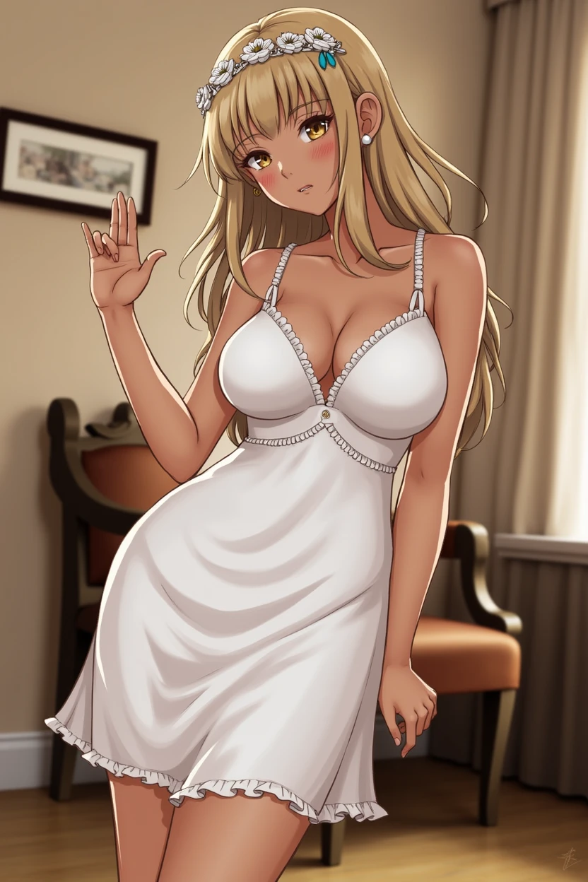 best quality,highly detailed,masterpiece,ultra-detailed,illustration,blonde hair ,hair ornament,stand,indoor,incredibly_absurdres,1girl,medium breast,nose blush ,realistic,long hair,summer_dress,garter straps,bishoujo,waving sv98, torrie Wilson
