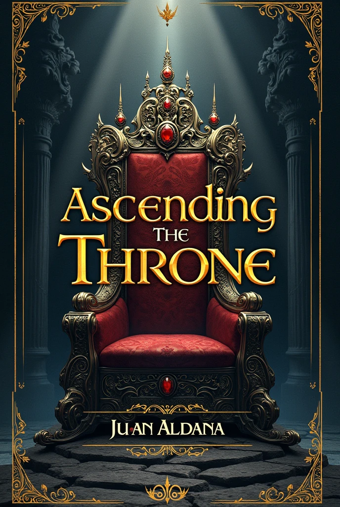 The cover of a book.
At the top center you will find the title of the book that will be: Ascending the Throne. Written in golden letters and in Latin Spanish.
In the center of the cover a Throne made of volcanic rock and precious stones.
Below the cover in the center will be the title of the author who is: Juan Aldana. Written with the same golden letters in Spanish.